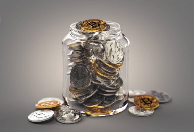 Farklı cryptocurrencies bir kavanoza. Sanal tasarruf konsept depolama. Gerçekçi 3d render