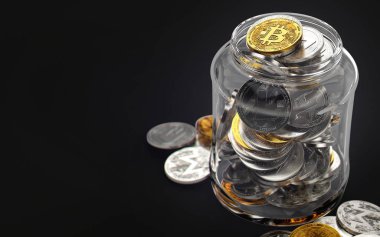 Siyah arka plan üzerine kopya alanı soldaki ile izole cryptocurrencies dolu kavanoz. Kavramı tutun. Gerçekçi 3d render