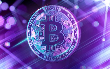 Neon parlayan Bitcoin (Btc) cryptocurrency blockchain düğümü bulanık arka planda olan Ultra Violet renklerde. 3D render