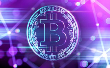 Cryptocurrency blockchain düğümü bulanık arka planda olan Ultra Violet renklerde Bitcoin nakit (Bcc) para parlak neon. 3D render