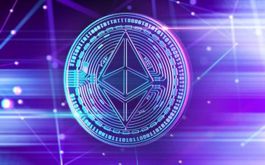 Cryptocurrency blockchain düğümü bulanık arka planda olan Ultra Violet renklerde Ethereum (vb) para parlak neon. 3D render