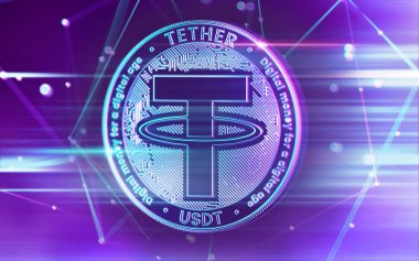 Neon glowing Tether (USDT) coin in Ultra Violet colors with cryptocurrency blockchain nodes in blurry background. 3D rendering clipart