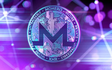 Cryptocurrency blockchain düğümü bulanık arka planda olan Ultra Violet renklerde monero (Xmr) para parlak neon. 3D render