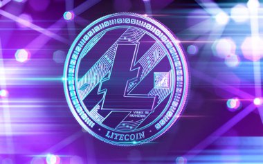 Cryptocurrency blockchain düğümü bulanık arka planda olan Ultra Violet renklerde Litecoin (Ltc) para parlak neon. 3D render
