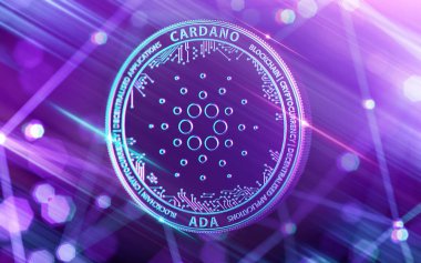 Neon parlayan Cardano (Ada) cryptocurrency blockchain düğümü bulanık arka planda olan Ultra Violet renklerde. 3D render