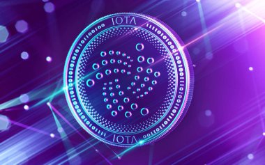 Cryptocurrency blockchain düğümü bulanık arka planda olan Ultra Violet renklerde Iota para parlak neon. 3D render