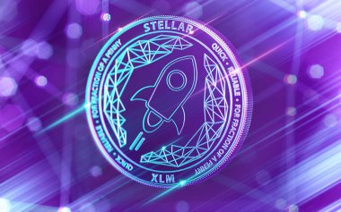 Neon parlayan yıldız lümen (Xlm) Ultra Violet renklerde cryptocurrency blockchain düğümü bulanık arka planda olan para. 3D render