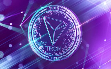 Cryptocurrency blockchain düğümü bulanık arka planda olan Ultra Violet renklerde Tron (Trx) para parlak neon. 3D render