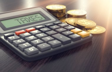 Hesap makinesi kelime ile arka planda vergi görüntüsünde ve altın sikke ve güneş parlaması. Gelir vergisi kavramı. 3D render