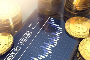 Akıllı telefon ile grafik ekran bulanık yakın çekim shot altın dolar sikke yığınları arasında ticaret doları. Doları ticaret kavramı. 3D render