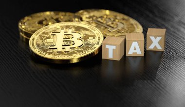 Yığın vergi harflerle ahşap bloklar yanındaki Bitcoin atma. Bitcoin yatırımlar ve vergi kavramı. 3D render