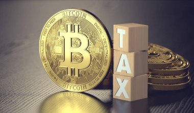 Bitcoin ayakta vergi harflerle ahşap bloklar yanında. Bitcoin yatırımlar kavramı üzerinden vergi. 3D render