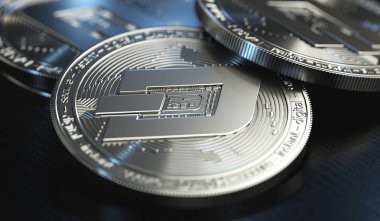 Parlak gümüş Dash kavramı sikke yığını bulanık yakın çekim shot. 3D render