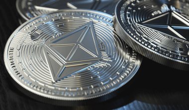 Parlak gümüş Ethereum (Eth) kavramı sikke yığını bulanık yakın çekim shot. 3D render