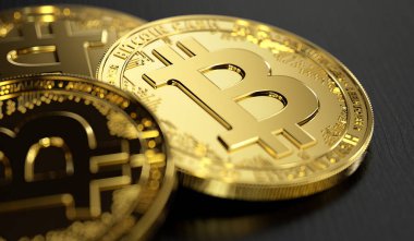 Altın parlak Bitcoin nakit (Bch/gizli) kavramı sikke yığını bulanık yakın çekim shot. 3D render