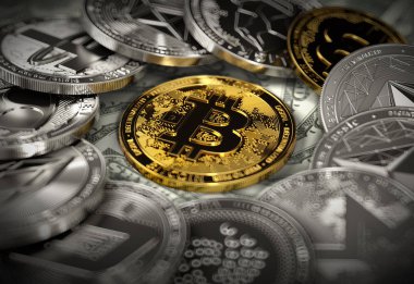 Bitcoin bulanık makro cryptocurrency paralar ortasında vurdu. Bitcoin dikkat kavramı ortasına. 3D render