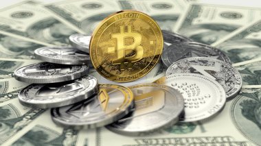 Altın bitcoin ayakta cryptocurrencies ve dolar faturaları yerdeki büyük yığını ortasında. En değerli varlık olarak Bitcoin. 3D render