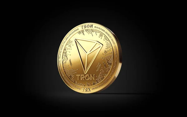 Golden Tron Criptomoeda Conceito Moeda Isolada Fundo Preto Renderização — Fotografia de Stock