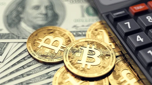 Montón Monedas Bitcoin Billetes Dólar Calculadora Pago Impuestos Sobre Las — Foto de Stock