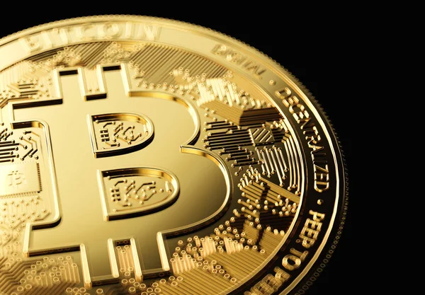 Bitcoin Dorado Primer Plano Sobre Fondo Negro Con Espacio Copia — Foto de Stock