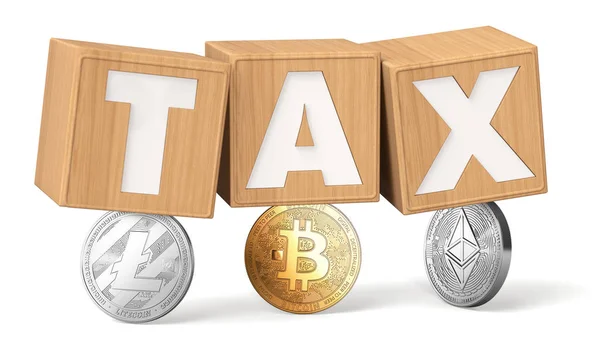 Bitcoin Litecoin Moeda Ethereum Segurando Blocos Madeira Com Letras Tax — Fotografia de Stock