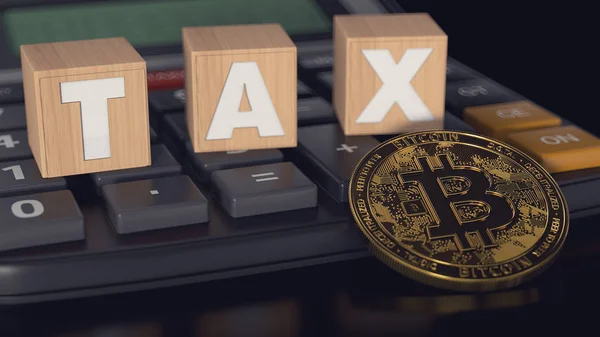 Bitcoin Contre Calculatrice Blocs Bois Avec Des Lettres Tax Dessus — Photo