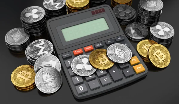 Cryptocurrencies Монети Покладення Калькулятор Обчислення Чисел Прибуткового Податку Рендерінг — стокове фото