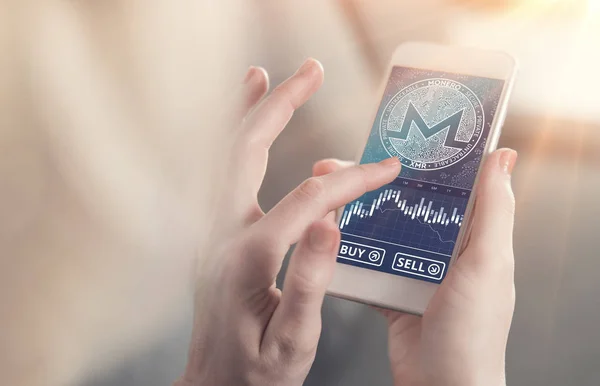 Monero Symbol Auf Dem Bildschirm Der Mobilen App Mit Großen — Stockfoto