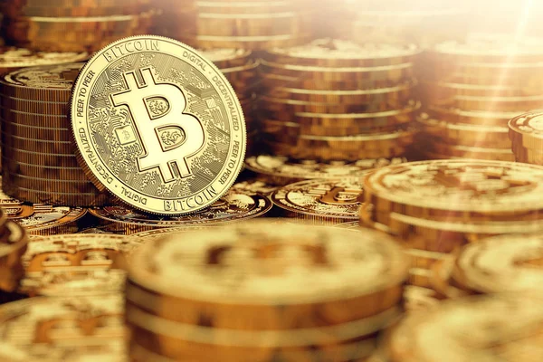 Golden Bitcoin Monedas Primer Plano Copiar Espacio Continuación Renderizado — Foto de Stock