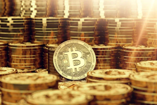 Monedas Oro Bitcoin Primer Plano Luz Brillante Desde Arriba Renderizado — Foto de Stock