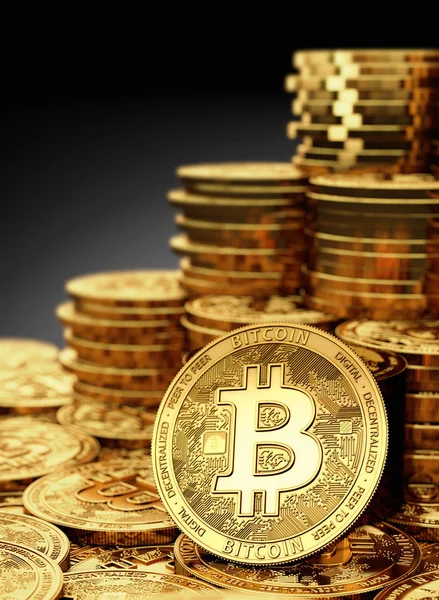 Montón Monedas Oro Bitcoin Renderizado — Foto de Stock