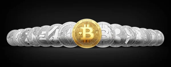 Satz Von Verschiedenen Kryptowährungen Mit Einem Goldenen Bitcoin Auf Der — Stockfoto