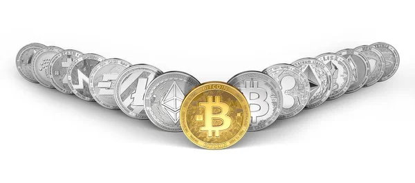 Gold Bitcoin Auf Der Vorderseite Und Andere Kryptowährungen Wechselseitiges Wachstum — Stockfoto