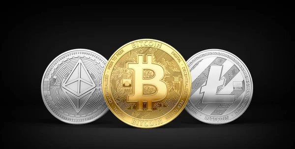 Bitcoin Litecoin Ethereum Tres Criptomonedas Más Populares Aisladas Sobre Fondo — Foto de Stock