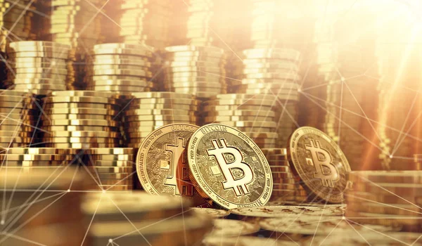 Monedas Bitcoin Oro Nodos Blockchain Primer Plano Borroso Copiar Espacio — Foto de Stock