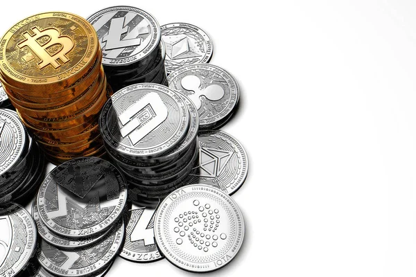Grande Pilha Bitcoin Pilhas Menores Diferentes Criptomoedas Isoladas Fundo Branco — Fotografia de Stock