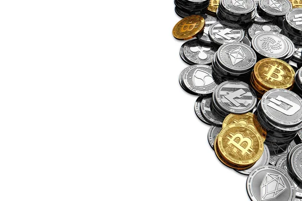 stock image Stack and piles of Bitcoin and other different cryptocurrencies isolated on white background with copy space on the left side. 3D rendering