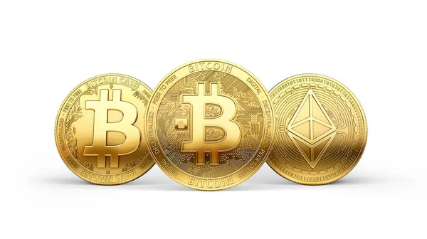 Τρία Χρυσά Νομίσματα Crypto Bitcoin Litecoin Και Ethereum Πιο Δημοφιλές — Φωτογραφία Αρχείου