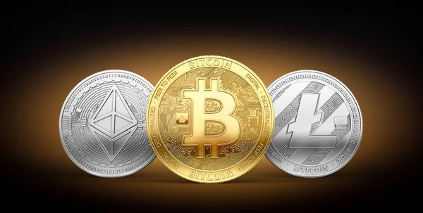 Bitcoin Litecoin Και Ethereum Τρία Δημοφιλέστερα Κρυπτονομίσματα Έννοια Rendering — Φωτογραφία Αρχείου