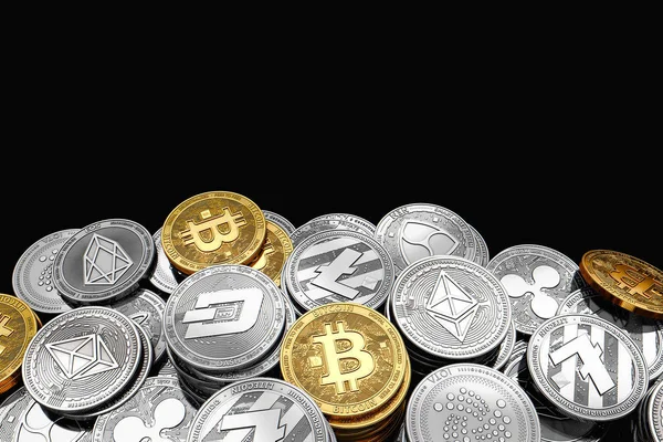 Στοίβα Και Σωρούς Από Bitcoin Και Άλλα Διαφορετικά Κρυπτονομίσματα Απομονώνονται — Φωτογραφία Αρχείου