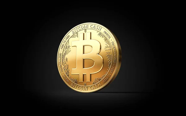 Golden Bitcoin Efectivo Moneda Criptomoneda Bcc Aislado Sobre Fondo Negro — Foto de Stock