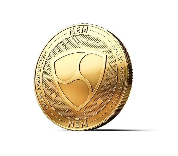 Золотой Nem Криптовалюта Физическая Концепция Монеты Изолированы Белом Фоне Рендеринг — стоковое фото