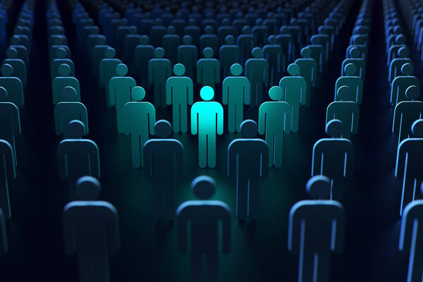 Светло-синий силуэт человека как символ свободы и защиты. Пространство для копирования включено. 3D рендеринг
