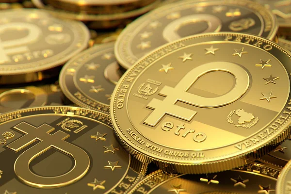 Stack Golden Venezuelan Petro Cryptocurrency Concept Coins Rendering — Stock Photo, Image