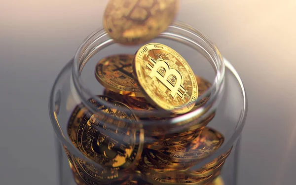 Золотий Bitcoins Банку Зберігання Cryptocurrencies Концепції Реалістичний Рендерінг — стокове фото