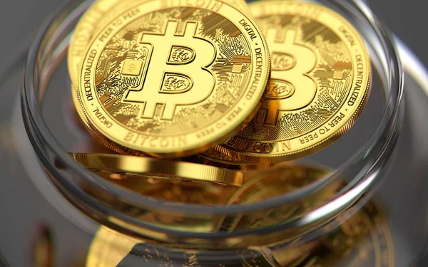 Aufbewahrung Von Bitcoins Glas Riskante Möglichkeiten Kryptowährungen Speichern Darstellung — Stockfoto