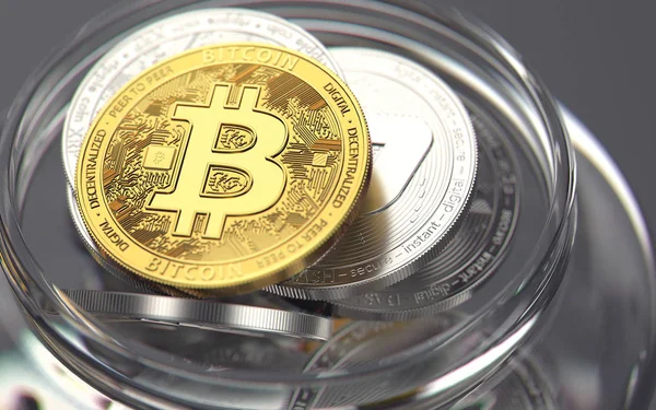 Золотий Bitcoin Вершині Стеку Cryptocurrencies Зберігається Банку Погані Способи Зберігання — стокове фото
