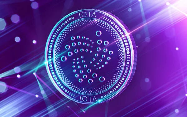 Cryptocurrency blockchain düğümü bulanık arka planda olan Ultra Violet renklerde Iota para parlak neon. 3D render