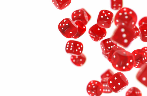 Red game dices isolated on white background and copy space on the left