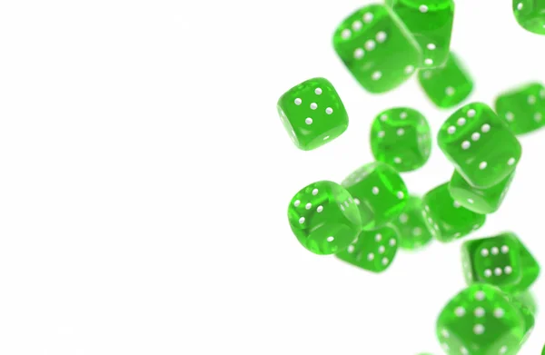 Green Game Dices Isolated White Background Copy Space Left Side — Stock Photo, Image